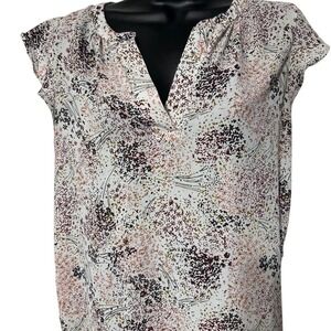 LOFT Outlet Womens Small Floral Mixed Media V-Neck Cap Sleeve Blouse White Pink
